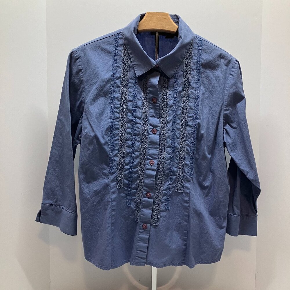 Sonoma Womens Blue Chambray Ribbon Accent Long Sleeve Button Up Shirt Top Size L